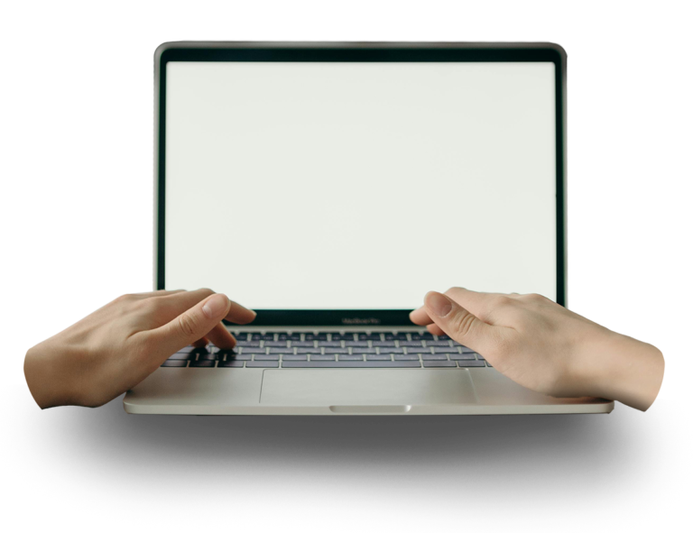 MacBook Laptop with a white screen and hands in front of it.