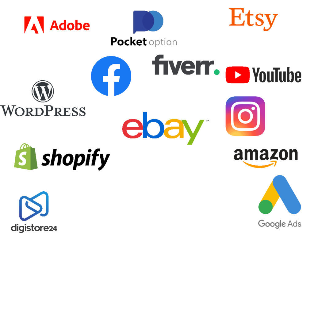 A bunch of company logos in various spots on an image with no background